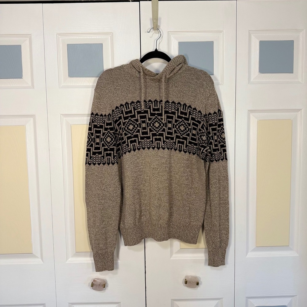 Urban Pipeline Mens Medium Oatmeal Black Geometric Tribal Knit Pullover Hoodie